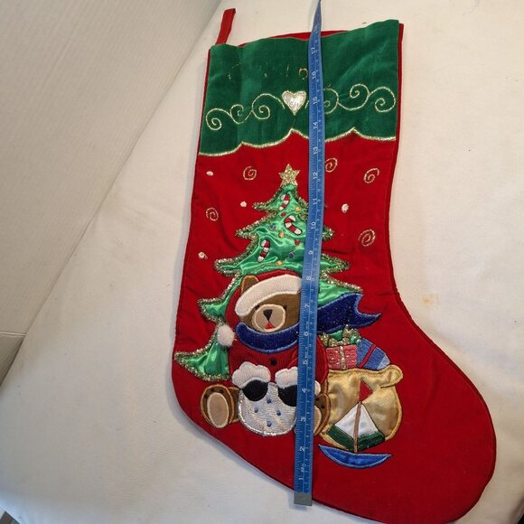 Christmas Stocking With Bear & Sailboat 22" Red/Green Embroidered Classic - Picture 5 of 5